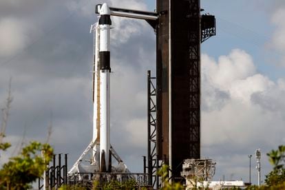 A SpaceX Falcon 9 rocket, with the Crew Dragon spacecraft