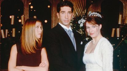 Jennifer Aniston as Rachel, Helen Baxendale as Emily and David Schwimmer as Ross, in the 'The One with Ross's Wedding' episode (the 23rd and 24th episodes of the fourth season) of 'Friends,' aired in May 1998.
