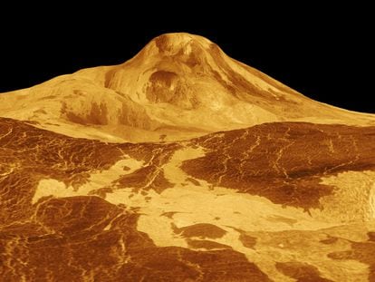 A 3D image of Maat Mons, the biggest volcano on Venus.