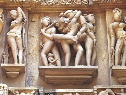Erotic sculptures from the temples of Khajuraho (India).