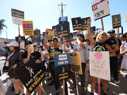 SAG-AFTRA members during a protest outside Paramount Studios in Los Angeles, California, on October 6.
