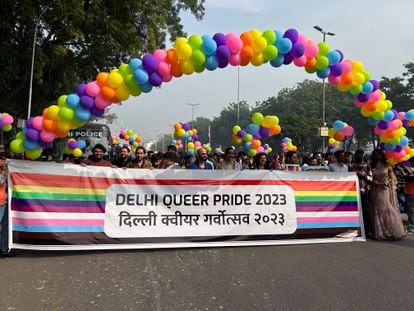 Participants of the Delhi Queer Pride Parade carry a banner during the march in New Delhi, India, Sunday, Nov. 26, 2023.