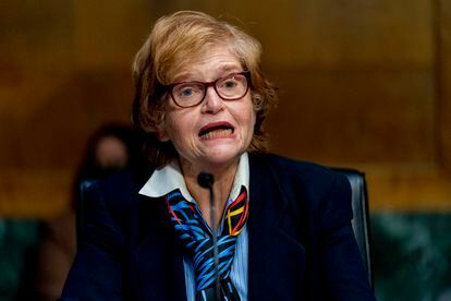 Deborah Lipstadt speaks during a Senate Foreign Relations hearing in Washington on February 8.
