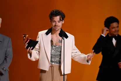 Harry Styles receives the Grammy for Album of the Year on February 5, in Los Angeles.

