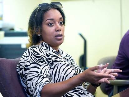 Tiffany Wilburn, 41, a Jackson, Miss., based social activist, says she has been reinvigorated to go to the polls thanks to her close friends, her children and voting rights advocacy groups, during a roundtable discussion on elections, race and voter fatigue, Oct. 25, 2023, in Jackson, Miss.