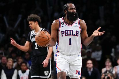 Philadelphia 76ers' James Harden reacts to a foul called on him during the second half against the Brooklyn Nets in Game 3 of an NBA basketball first-round playoff series Thursday, April 20, 2023