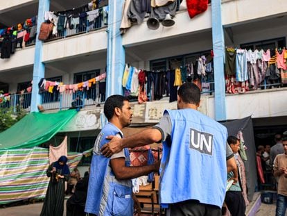 UNRWA workers at a school being used as a refugee center in the Gaza Strip.