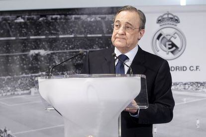 Real Madrid president Florentino P&eacute;rez at a news conference earlier this year at the Santiago Bernab&eacute;u stadium.