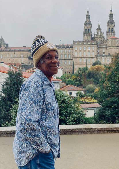 Big Chief Monk Boudreaux poses in front of the cathedral in Santiago de Compostela on November 17.