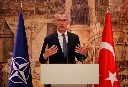 NATO Secretary-General Jens Stoltenberg speaks during a press conference following his meeting with Turkish President Tayyip Erdogan in Istanbul, Turkey June 4, 2023.