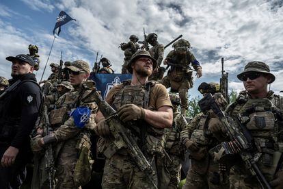 Members of the Russian Volunteer Corps near the Russian border in Ukraine, May 24, 2023. 