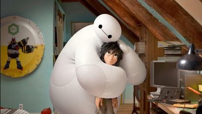 An image from the movie 'Big Hero 6,' in which the robot named Baymax can be seen hugging the protagonist. 