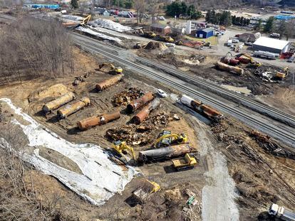 A view of the scene on February 24, as the cleanup continues at the site of a Norfolk Southern freight train derailment that happened on February 3, in East Palestine, Ohio.
