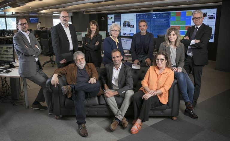 Clockwise from top left: Jan M. Ahrens, Miguel Jiménez, Mónica Ceberio, Soledad Gallego-Díaz, Borja Echevarría, Máriam Martínez-Bascuñán, Javier Moreno, Montserrat Domínguez, Miquel Noguer and Joaquín Estefanía.