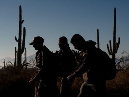 A group of migrants walk through the Arizona desert after crossing from Sonora.