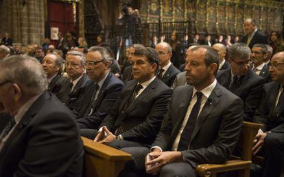 Former Barcelona presidents (r to l) Sandro Rosell, Joan Laporta and Joan Gaspart at the Mass for Vilanova.