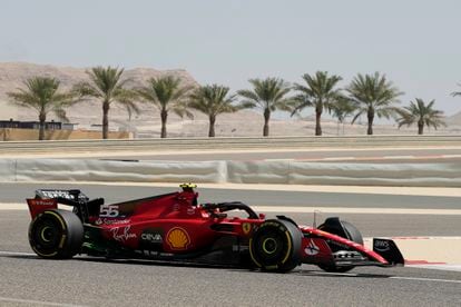 Ferrari driver Carlos Sainz of Spain steers his car during a Formula One pre season test at the Bahrain International Circuit in Sakhir, Bahrain, Friday, Feb. 24, 2023.