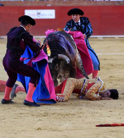 The third bull of the afternoon (Lorenzo, from the stockbreeder Los Maños) gored Barrio in the side after a gust of wind left him uncovered. Barrio was tossed into the air, and after he landed the animal pinned him against the ground and gored him again.
