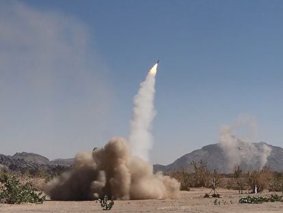A projectile is launched during a military exercise by the Yemeni Houthi rebel group near the border between Yemen and Saudi Arabia, on Friday.