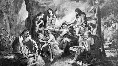 Cave-dwelling people cooking meat in a 19th-century illustration.