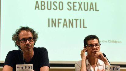 Pianist James Rhodes and Vicki Bernadet appear at a press conference against child abuse.