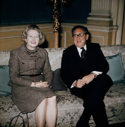 British Conservative Party leader Margaret Thatcher and Secretary of State Henry Kissinger in London; February 1975.