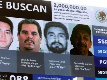 A wanted poster for four drug lords in Michoacán. Nazario Moreno is the first man on the left.