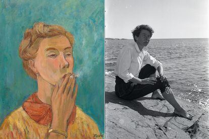 On the left, a self-portrait of the artist smoking, from 1940. On the right, a photograph taken by her brother, Per Olov Jansson.