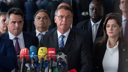 Two days after losing the presidential elections, Brazilian President Jair Bolsonaro reads a statement in the Alvorada Palace, his official residence in Brasilia, on Tuesday, November 1, 2022.