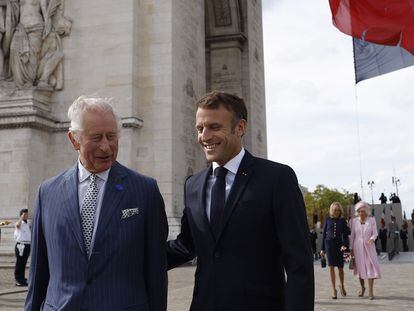 Britain's King Charles III and French President Emmanuel Macron attend a remembrance ceremony at Arc de Triomphe in Paris, France, on September 20, 2023.