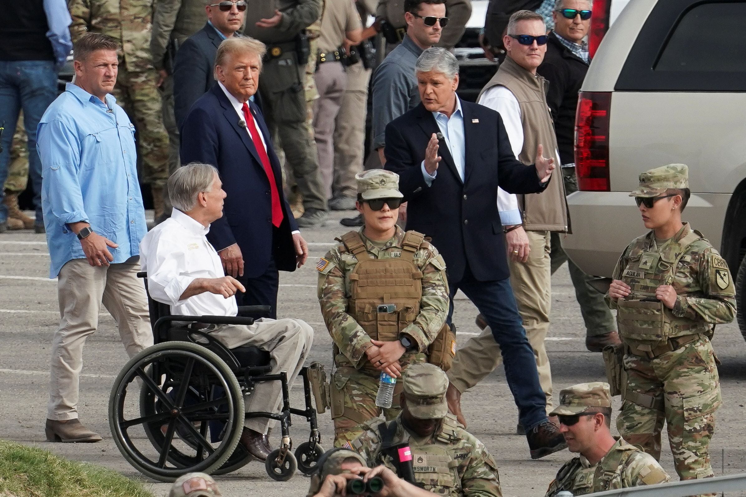Republican presidential candidate and former president Donald Trump visits the U.S.-Mexico border in Eagle Pass, Texas. He is joined by Texas Governor Greg Abbott and Fox News anchor Sean Hannity, as seen from Piedras Negras, Mexico. 