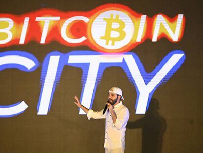 The president of El Salvador, Nayib Bukele, at the Latin Bitcoin Conference in February 2022.
