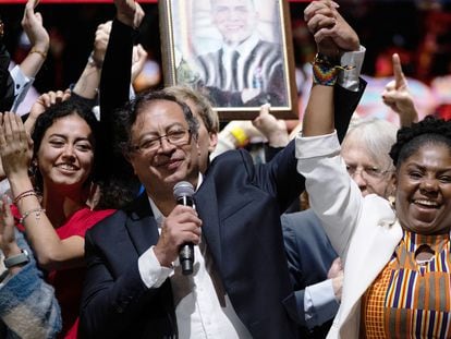 Newly elected Colombian President Gustavo Petro celebrates with his running mate Francia Márquez.