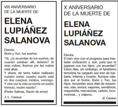 10th Anniversary of the death of Elena Lupiáñez Salanova Elenita, The train brought progress and a way to play with your children. Do you remember? Now, fanatical terrorists have loaded the train with barbarity, infamy and death. Despite their horror, Boris and Yuri, your sons, remember those days of stations, ticket inspectors, carriages, crossings, train drivers, goods, coal, engines… and passengers. JL Causas