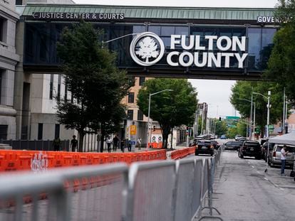 Barricades are seen near the Fulton County courthouse, Monday, Aug. 7, 2023, in Atlanta.