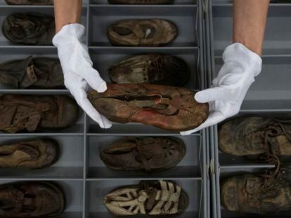 Shoes that belonged to child victims of the former Nazi German death camp Auschwitz-Birkenau is shown at the conservation laboratory on the grounds of the camp in Oswiecim, Poland, on May 10, 2023.