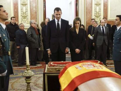 Prince Felipe and Princess Letizia, pictured on Monday in Congress in front of the coffin of former PM Adolfo Su&aacute;rez.