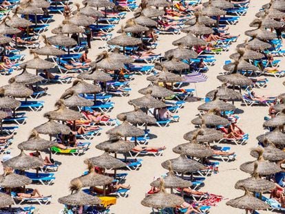 Tourists take in the sun at Magaluf beach in Mallorca.