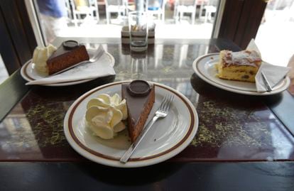 The famous Sacher cake served in the Sacher café in Vienna, Austria.
