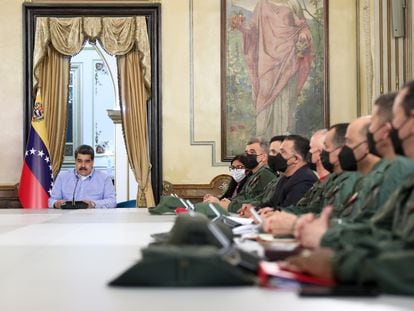 Venezuelan President Nicolás Maduro during a meeting with members of his Cabinet and military commanders in Caracas on Monday.