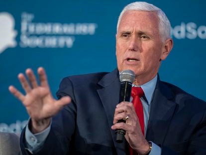 Former Vice President Mike Pence speaks at the Federalist Society Executive Branch Review conference, on April 25, 2023, in Washington.