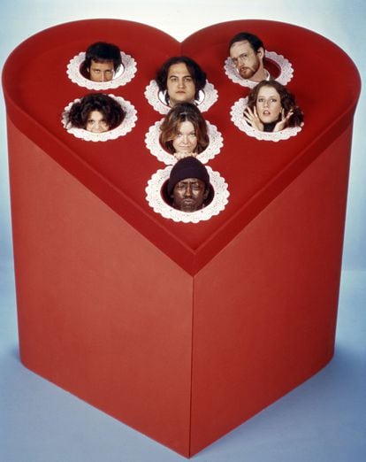 Chevy Chase, John Belushi, Michael O'Donoghue, Gilda Radner, Jane Curtin, Laraine Newman and Garrett Morris, in 'Saturday Night Live' in 1975.