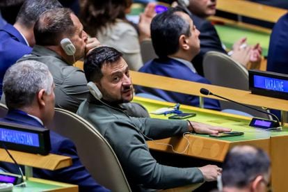 Ukraine's President Volodymyr Zelenskiy attends the 78th session of the United Nations General Assembly at the United Nations Headquarters in New York, on September 19, 2023.