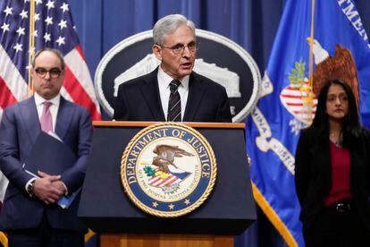 Attorney General Merrick Garland, joined by Associate Attorney General Vanita Gupta and Assistant Attorney General Jonathan Kanter of the Justice Department's Antitrust Division, speaks at the Department of Justice in Washington, Tuesday, Jan. 24, 2023.