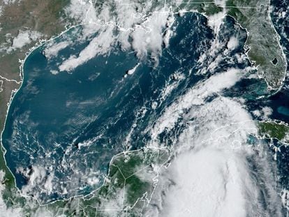 Tropical Storm Idalia makes its way to Cuba and Florida's west coast in a composite image from the National Oceanic and Atmospheric Administration (NOAA) GOES-East weather satellite, on Aug. 28, 2023.