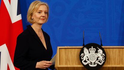 British PM Liz Truss arriving at a news conference on the economy on October 14.