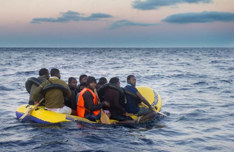 Migrants in a rubber dinghy in the Strait of Gibraltar last November, waiting to be rescued.