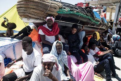 Migrants on board the ‘Aquarius,’ on the day that Italy’s interior minister, Matteo Salvini, closed his country’s ports to the rescue boat, which is carrying more than 600 people.