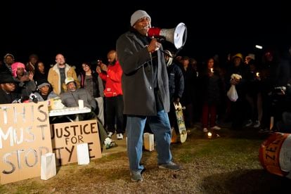 Rev. Andre E Johnson, of the Gifts of Life Ministries, preaches at a candlelight vigil for Tyre Nichols, who died after being beaten by Memphis police officers, in Memphis, Tenn., Thursday, Jan. 26, 2023.