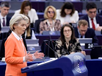 European Commission President Ursula von der Leyen speaks at the European Parliament in Strasbourg, France, 12 March 2024.